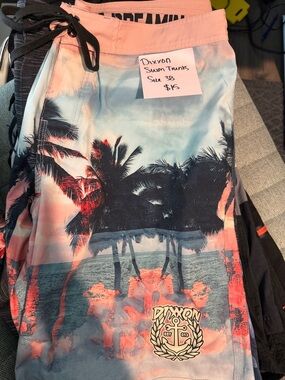 DIXXON Coral Pink & Sky Blue Tropical Palm Swim Trunks